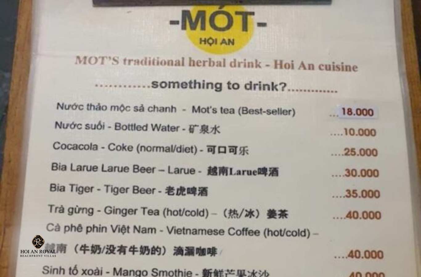 Thực đơn quán Mót Hội An