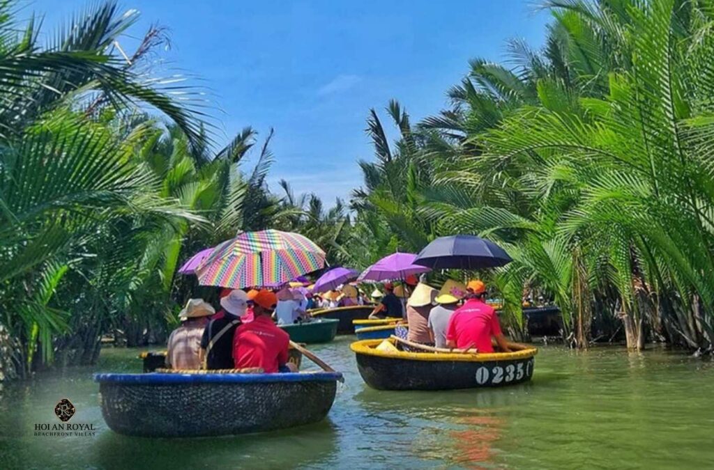 Early morning scene at Bay Mau Coconut Forest Hoi An with soft sunlight